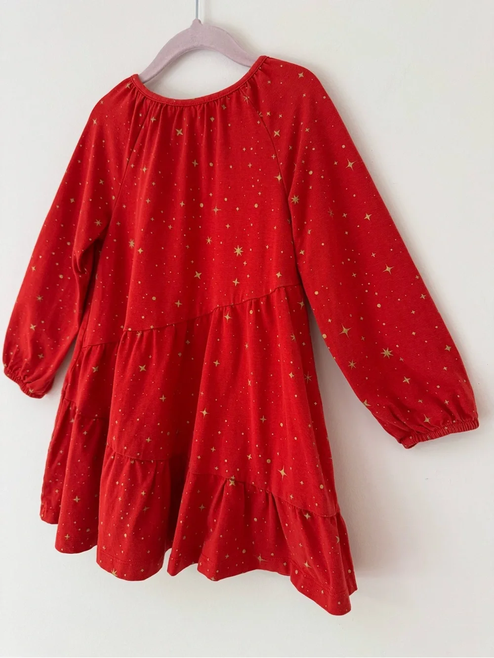 Hanna Andersson Red and Gold Long Sleeve Sparkle Tiered Dress, Size 4